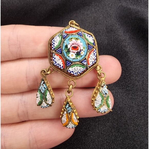 Antique 1920s Made In Italy Micro Mosaic Pendant With Floral Hexagon Design - Picture 4 of 6